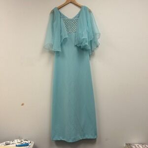 Vintage 70s Miss Rubette Dress Womens 12 Blue Chiffon Maxi Sheath Flutter Formal